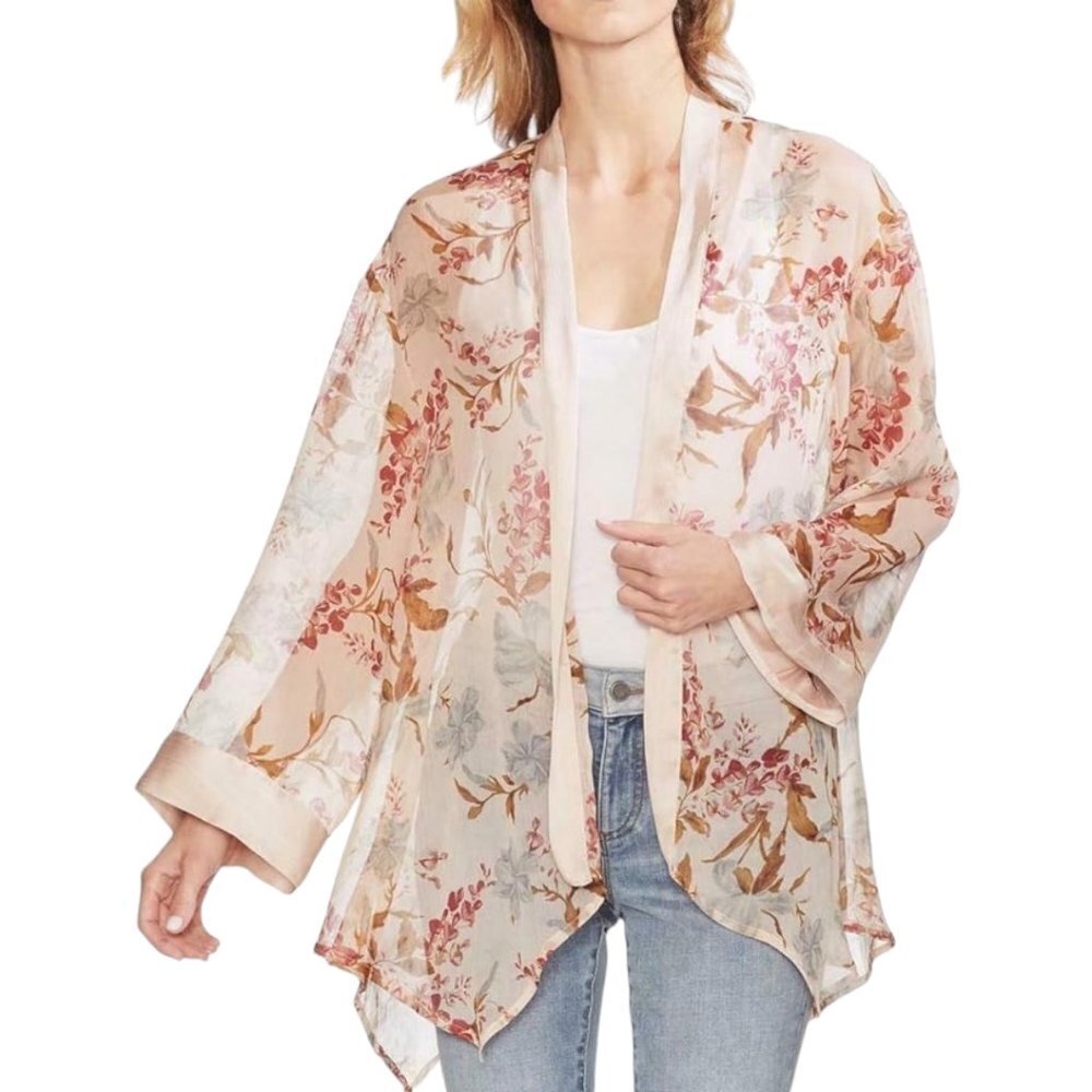 Vince Camuto Kimono Cardigan Open Front Sheer Blush Pink Floral
